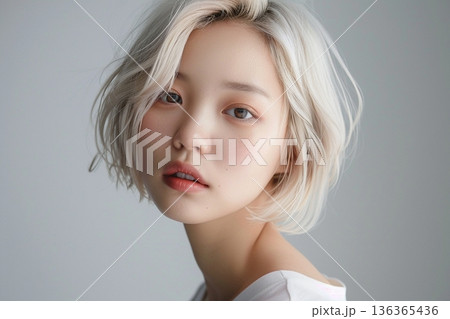 ハイトーンヘアの日本人女性 ポートレート 美容 ヘアスタイル 透明感 136365436
