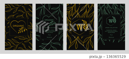 Label, Poster, Card, and Flyer Set with Line Art Leaves and Patterns, Organic Botanical Packaging Vector Design, Illustration Set Label, Poster, Card, and Flyer Set with Line Art Leaves and Patterns, Organic Botanical Packaging Vector Design, Illustration Set 136365529