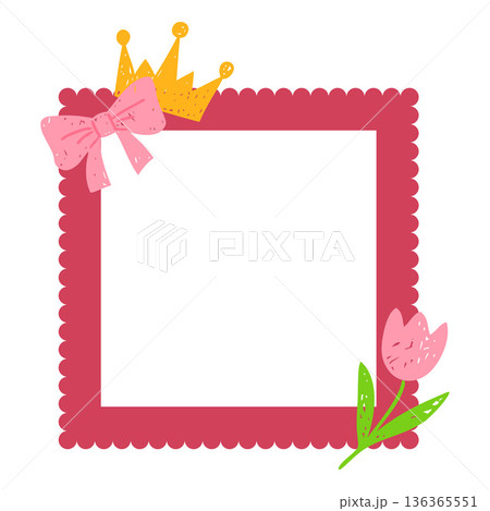 Children's square pink frame with a crown, bow, and tulip, hand-drawn in pencil. Children's square pink frame with a crown, bow, and tulip, hand-drawn in pencil. 136365551