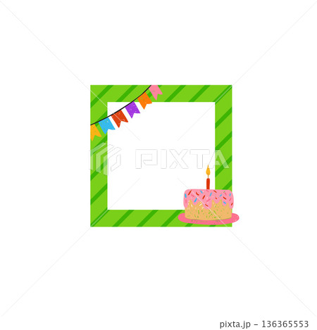 Colorful flags garland and cake with candle crayon sketch vector frame design, Happy Birthday greeting card template 136365553
