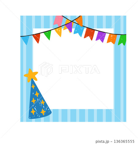 Colorful flags garland and festive cone hat crayon sketch vector frame design, Happy Birthday greeting card template Colorful flags garland and festive cone hat crayon sketch vector frame design, Happy Birthday greeting card template 136365555