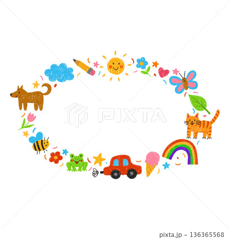 Crayon sketch kids hand drawings oval frame vector design, cartoon border painting artwork pencil or chalk texture 136365568