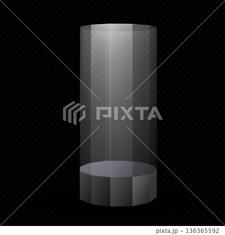 3D glass transparent clear podium on stand, vector exhibition display polygon box, pedestal with protective plexiglass 3D glass transparent clear podium on stand, vector exhibition display polygon box, pedestal with protective plexiglass 136365592