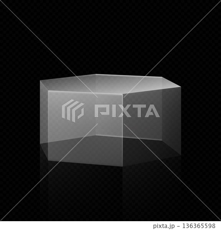 3D glass hexagon shape, vector exhibition display transparent short box, empty crystal pedestal for product showcase 136365598