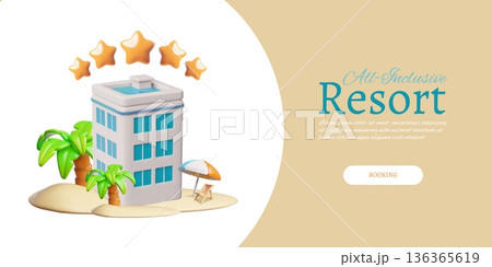 Resort all inclusive booking service 3D vector banner design, hotel building on the beach with five stars rating 136365619