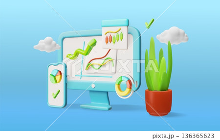 Workspace on computer screen 3D vector, analysis diagram, candlestick chart and linear graphs, business management Workspace on computer screen 3D vector, analysis diagram, candlestick chart and linear graphs, business management 136365623