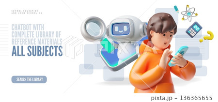 3D banner of a chatbot and a boy with a smartphone. AI in education. 136365655