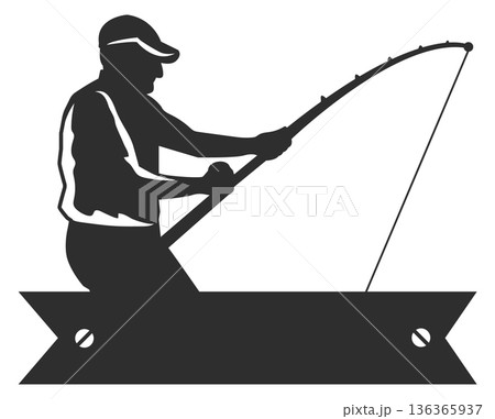 Fishing label. Fisherman with rod catching fish badge 136365937