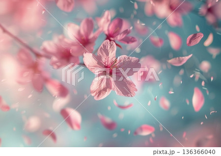 青空に舞う桜の花びらとピンクの花々の背景素材 春の新生活や入学・卒業のお祝いイメージ 136366040