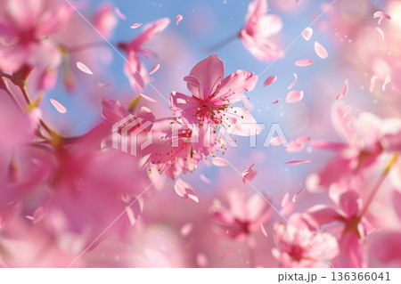青空に舞う桜の花びらとピンクの花々の背景素材 春の新生活や入学・卒業のお祝いイメージ 136366041