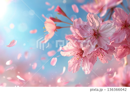 青空に舞う桜の花びらとピンクの花々の背景素材 春の新生活や入学・卒業のお祝いイメージ 136366042