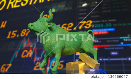 Green Bull Market Symbol With Gold Bars And Rising Stock Chart 3d render. Green Bull Market Symbol With Gold Bars And Rising Stock Chart 3d render. 136366047