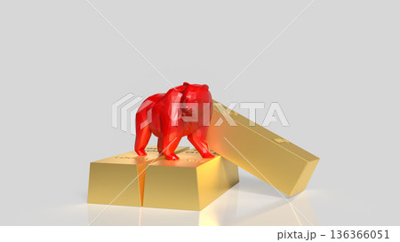 Red Bear Market Symbol Standing On Gold Bars Investment Concept 3d render. 136366051