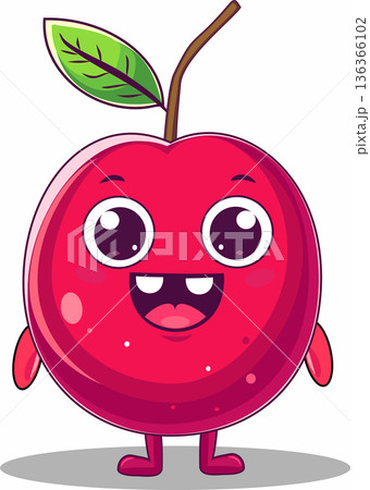 Cute Cartoon Cherry Character. Funny Kawaii Red Berry Fruit with Happy Face and Green Leaf. 136366102
