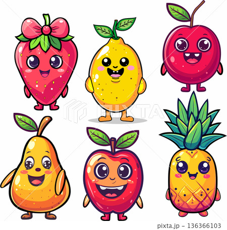 Cute Cartoon Fruit Characters Vector Set. Funny Kawaii Cherry, Strawberry, Pineapple, Pear, Apple and Lemon Collection 136366103