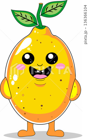 Cute Cartoon Lemon Character. Funny Kawaii Yellow Citrus Fruit with Happy Face and Green Leaf 136366104