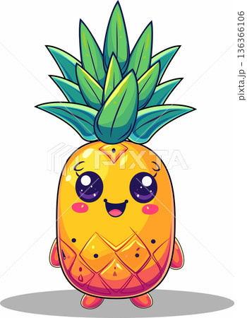 Cute Cartoon Pineapple Character. Funny Kawaii Tropical Fruit with Happy Face and Green Leaves 136366106