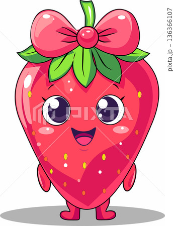 Cute Cartoon Strawberry Character. Funny Kawaii Red Berry Fruit with Pink Bow, Happy Face and Green Leaves 136366107