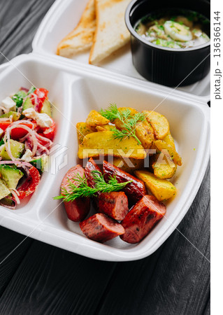 Takeout box with chicken broth soup, toast, fresh salad, potato wedges and sausage Takeout box with chicken broth soup, toast, fresh salad, potato wedges and sausage 136366144