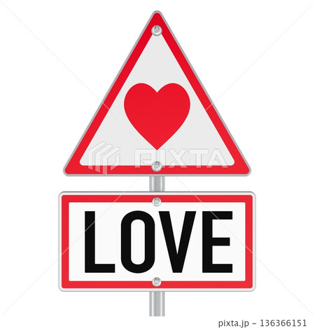 Love ahead warning sign, concept. Road sign with heart and love text. 3D rendering Love ahead warning sign, concept. Road sign with heart and love text. 3D rendering 136366151