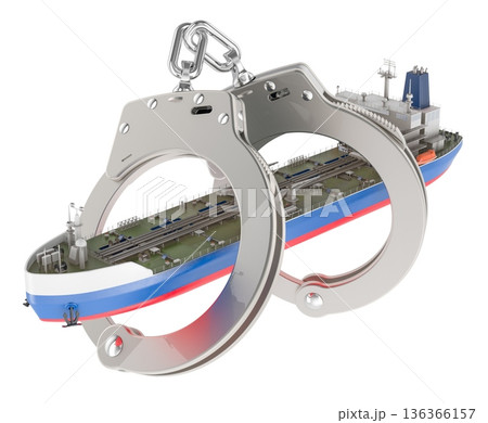 Russian oil tanker in handcuffs, shadow fleet sanctions concept. 3D rendering 136366157
