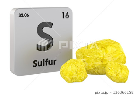 Sulfur chemical element with yellow sulfur rocks, 3D rendering Sulfur chemical element with yellow sulfur rocks, 3D rendering 136366159