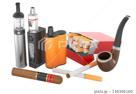 Tobacco and vaping products including cigarettes pack, cigar, tobacco pipe and vaping devices, 3D rendering Tobacco and vaping products including cigarettes pack, cigar, tobacco pipe and vaping devices, 3D rendering 136366160
