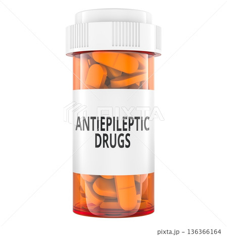 Antiepileptic drugs pill bottle, orange prescription container. 3D rendering 136366164
