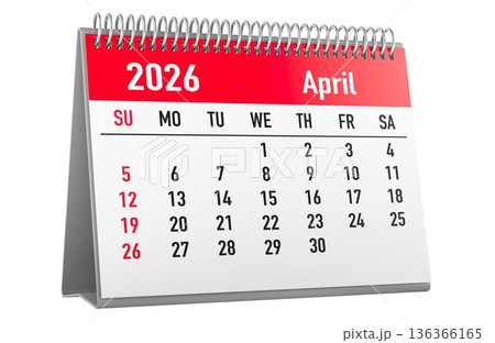 April 2026 desk calendar starting Sunday. 3D rendering 136366165