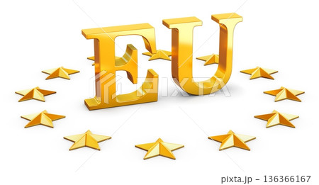 EU gold letters with circle of stars, European Union symbol. 3D rendering 136366167