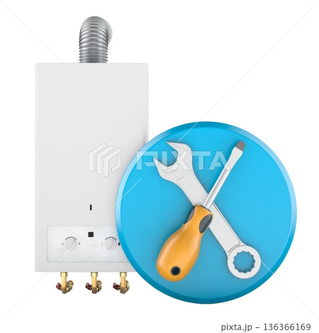 Gas water heater with wrench and screwdriver, repair service concept. 3D rendering 136366169