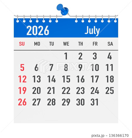July 2026 wall calendar page with spiral binding and pin, 3D rendering July 2026 wall calendar page with spiral binding and pin, 3D rendering 136366170