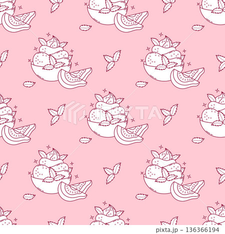 Outline Seamless Pattern with Guava Creamy sweet dessert ice cream with tropical Fruit slices and Mint leaves on Pink Background. Summer Exotic food. Line hand drawing. Vector illustration Outline Seamless Pattern with Guava Creamy sweet dessert ice cream with tropical Fruit slices and Mint leaves on Pink Background. Summer Exotic food. Line hand drawing. Vector illustration 136366194