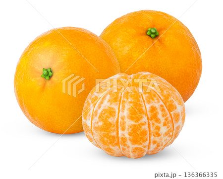 Peeled clementine or mandarin fruit and peeled tangerine isolated, cutout. 136366335