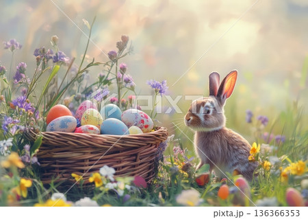 rabbit near basket with colored eggs in a field with flowers for Easter rabbit near basket with colored eggs in a field with flowers for Easter 136366353