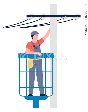 Electric pole maintenance. Repairman wiring power cable Electric pole maintenance. Repairman wiring power cable 136366363