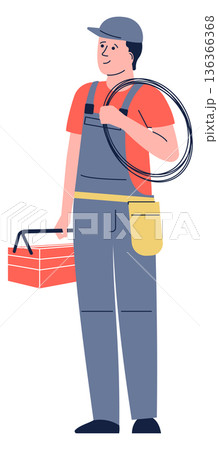 Technician with power cable and repair toolkit. Electric maintenance worker 136366368