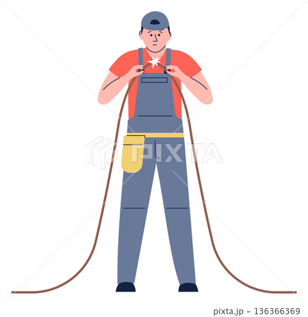 Handyman connect electric wires. Power cable repair 136366369