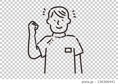 Black and white illustration of a young male nurse wearing a Casey white coat and giving a fist pump with a smile 136366441
