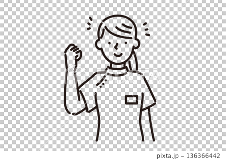 Black and white illustration of a young nurse woman wearing a Casey white coat and smiling with a fist pump 136366442