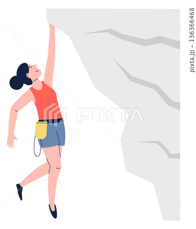 Height climbing concept. Woman hanging on rock cliff 136366468