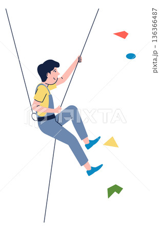 Guy hanging on climbing rope. Extreme sport training Guy hanging on climbing rope. Extreme sport training 136366487