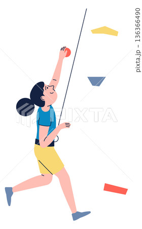 Gym rock for mountain climbing exercise. Girl hanging on rope Gym rock for mountain climbing exercise. Girl hanging on rope 136366490