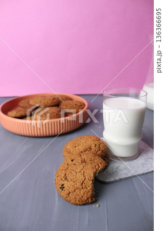 Breakfast for children Biscuits with milk. Healthy Eating Concept Quick Snack Afternoon Tea. Breakfast for children Biscuits with milk. Healthy Eating Concept Quick Snack Afternoon Tea. 136366695