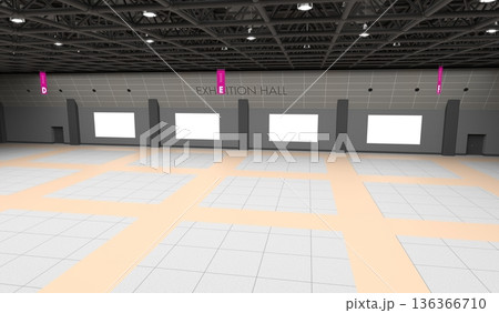Interior exhibition hall with demo booth setup. ba Interior exhibition hall with demo booth setup. ba 136366710