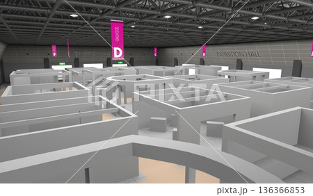 Interior exhibition hall with demo booth setup. ba Interior exhibition hall with demo booth setup. ba 136366853