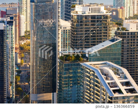 View from above of skyscraper buildings in downtown district of Miami, Florida, USA. American city with business financial district at sunset 136366859