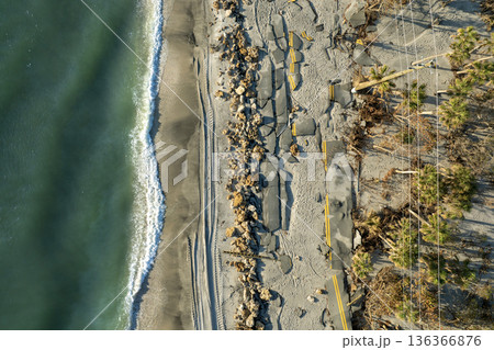 Hurricane Milton storm surge destroyed Manasota Key road at Blind Pass Beach. Severe damage to waterfront infrastructure in Florida Hurricane Milton storm surge destroyed Manasota Key road at Blind Pass Beach. Severe damage to waterfront infrastructure in Florida 136366876