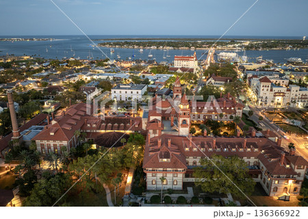 Aerial view of Flagler College in St. Augustine, old city in Florida. American architecture at night 136366922