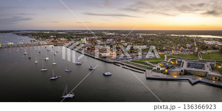 Old town America architecture. Aerial view of St Augustine city in Florida at sunset 136366923